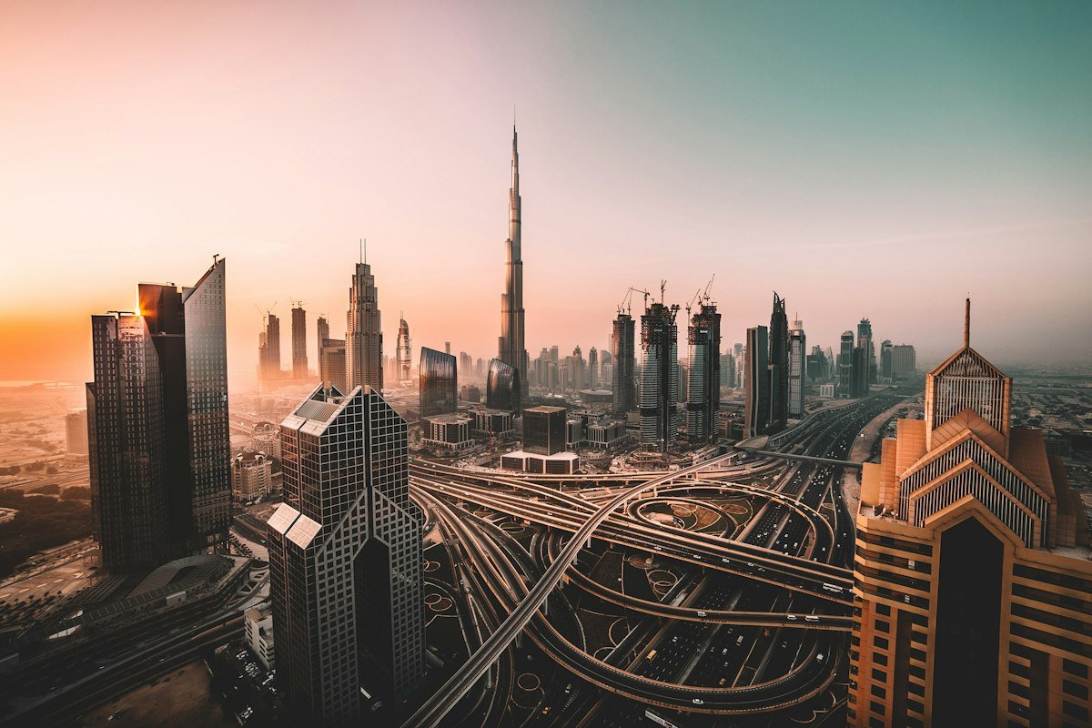Dubai skyline at dusk — base city of the company serving all seven emirates